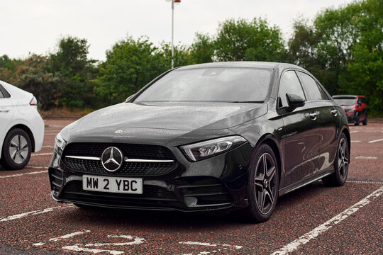 UK, Newcastle, 27 August 2022: New diesel Mercedes sedan A class a180d 2022. Black executive sedan from Mercedes in the AMG package.