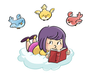 Little girl illustration reading a book in a cloud surrounded by birds - 526687352