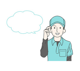 笑顔で挨拶するポロシャツ・帽子の男性スタッフ　専門職　作業員　引越屋　運送業　清掃業　特殊清掃員