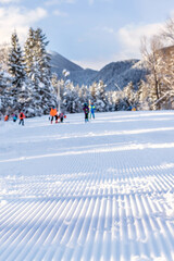 Fototapeta premium Groomed ski run and mountains, Bansko, Bulgaria