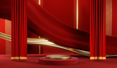 3D rendering of blank product background for cream cosmetics Modern red podium background