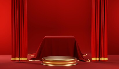 3D rendering of blank product background for cream cosmetics Modern red podium background