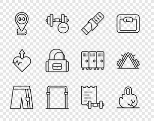 Set line Short or pants, Broken weight, Protein sport bar, Sport horizontal, Location gym, bag, training program and Metal rack with icon. Vector