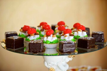 confectionery, cakes, pastries with cream and marzipan