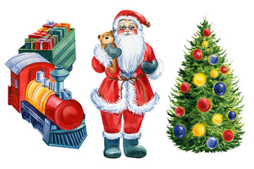 Set with Train, fir tree. Santa Claus watercolor illustration