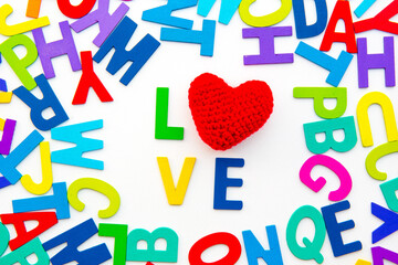 Wood Alphabet letters love valentine on white background. colorful letters toys. english font jigsaw. valentine greeting card copy space for add text message.