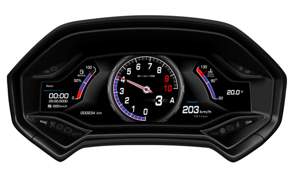 Realistic vector modern super car dashboard speed control digital technology on white background