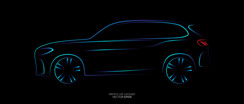 Modern SUV car sketch line silhouette blue and green light isolated on black background in side view. Vector illustration in concept technology electric car, self drive car