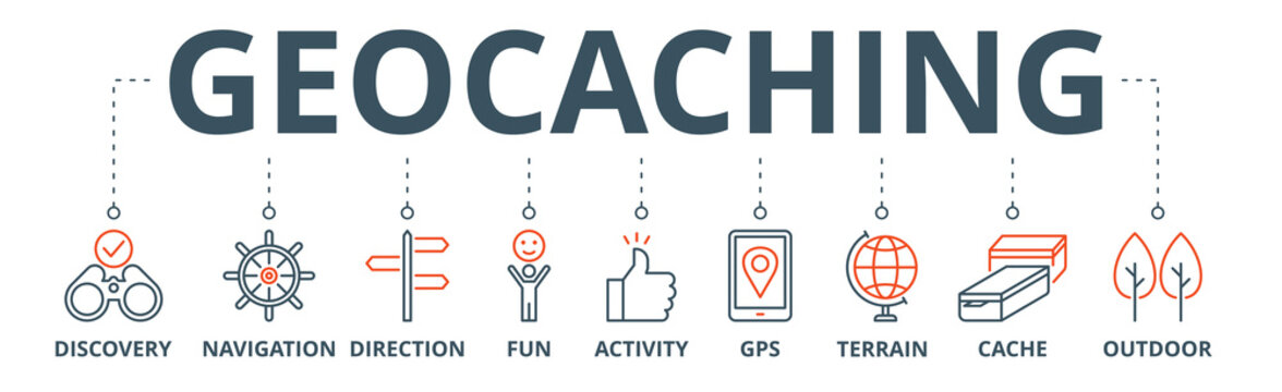 Geocaching banner web icon vector illustration concept with icon of discovery, navigation, direction, fun, activity, gps, terrain, cache, and outdoor