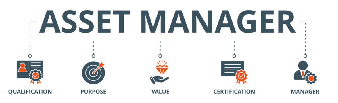 Asset Manager Banner Web Icon Vector Illustration Concept With Icon Of Qualification, Purpose, Value, Certification And Manager
