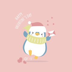 cute and lovely hand drawn penguin holding love letter with heart, happy valentine's day, love concept, flat vector illustration cartoon character costume design