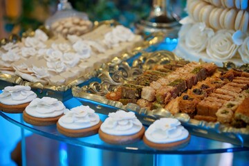 confectionery, cakes, pastries with cream and marzipan