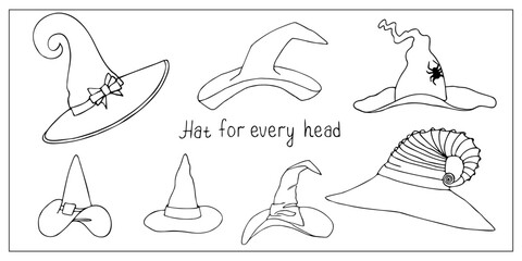 Halloween hats. Collection of hand drawn doodle illustrations of witch hats.  Halloween decoration, stickers