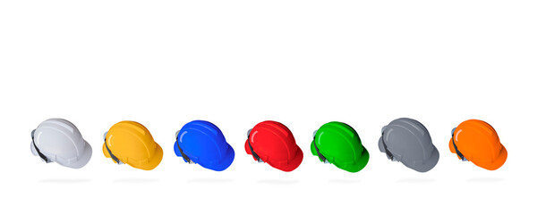 Row of various colors safety helmets set on isolated white background in panoramic view