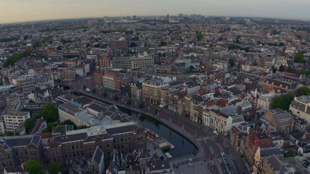 Drone shot over Rokin Amsterdam at dawn