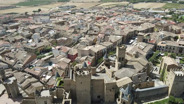 Medieval town of Olite in Spain on a warm sunny day, drone view, high angle.