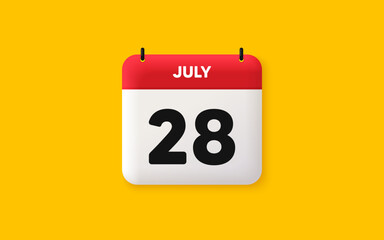 Calendar date 3d icon. 28th day of the month icon. Event schedule date. Meeting appointment time. Agenda plan, July month schedule 3d calendar and Time planner. 28th day day reminder. Vector