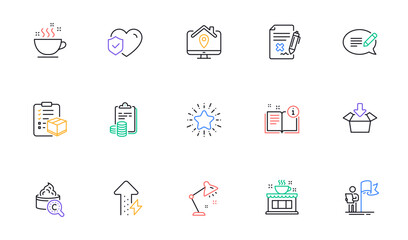 Collagen skin, Coffee shop and Star line icons for website, printing. Collection of Energy growing, Life insurance, Parcel checklist icons. Work home, Message, Manual web elements. Vector