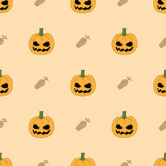 Halloween seamless pattern with pumpkin jack o lantern and tomb in Orange background. Halloween greeting cards. holiday season wallpaper, gift paper, pattern fills, web page background.