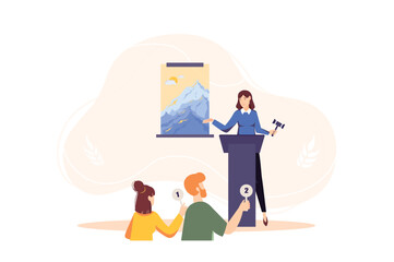 Auction concept with people scene in the flat cartoon design. Young couple wants to buy a famous painting presented by host at auction. Vector illustration.