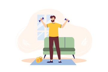 Concept Fitness at home with people scene in the flat cartoon design. Man does physical exercises at home to keep his body healthy. Vector illustration.