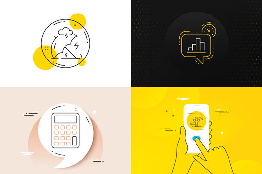 Minimal set of Stress protection, Calculator and Statistics timer line icons. Phone screen, Quote banners. Difficult stress icons. For web development. Vector