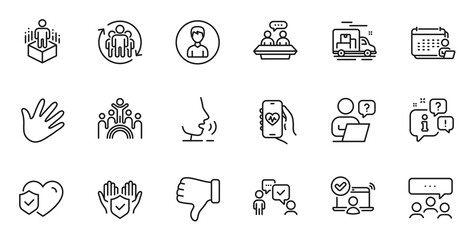 Fototapeta Outline set of Meeting, Health app and Dislike hand line icons for web application. Talk, information, delivery truck outline icon. Include Person, Teamwork, Hand icons. Vector obraz