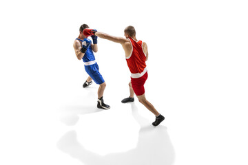 Fototapeta na wymiar Fight. Professional male boxer in sports uniform and gloves training isolated on white background. Concept of sport, competition, training, energy