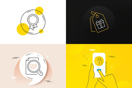 Minimal set of Success, Check article and Security lock line icons. Phone screen, Quote banners. Coupons icons. For web development. Award reward, Magnifying glass, Shield protection. Vector