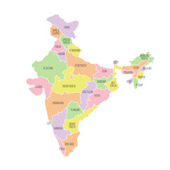 India political map with region names. Low detailed. Solid simple style. Pastel colours. Vector editable