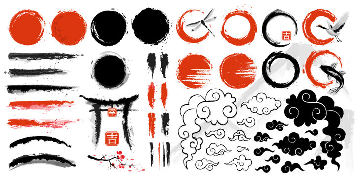 Big set of Japanese brushes and other design elements implemented in ink style. Hand-drawn with ink in traditional Japanese style sumi-e. Vector illustration
