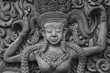 Stone carvings of angels, Apsara, a lady in ancient Khmer art and Hinduism.
