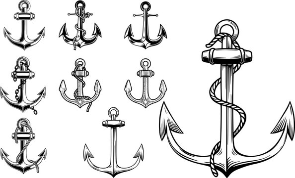 Set of vintage illustrations of anchor. Design element for logo, emblem, sign, t shirt. Vector illustration