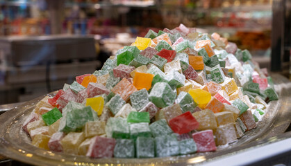 Traditional turkish delights sweets at the Grand Bazaar in Istanbul, Turkey.