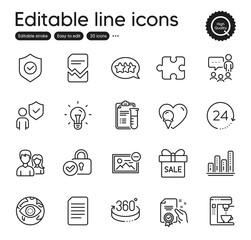 Obraz na płótnie Canvas Set of Business outline icons. Contains icons as Graph chart, Stars and Remove image elements. Puzzle, Sale offer, Idea web signs. 360 degrees, Corrupted file, Security elements. Vector