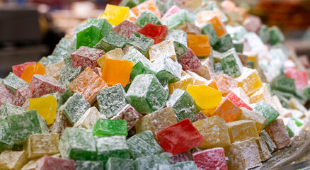 Traditional turkish delights sweets at the Grand Bazaar in Istanbul, Turkey.