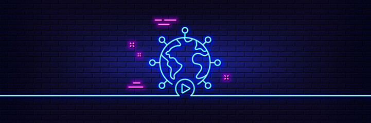Neon light glow effect. Virtual conference line icon. Online training sign. Web presentation symbol. 3d line neon glow icon. Brick wall banner. Video conference outline. Vector