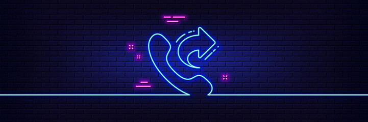 Neon light glow effect. Call center service line icon. Share phone call sign. Feedback symbol. 3d line neon glow icon. Brick wall banner. Share call outline. Vector