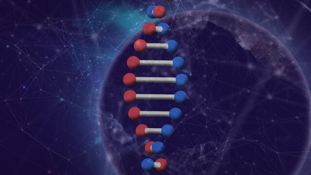 Animation of dna rotating over connecting dots with globe on digital interface