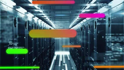 Animation of colorful light trails against data processing over computer server room - Powered by Adobe