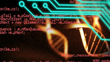 Animation of microprocessor connections and data processing against spinning dna structures - Powered by Adobe