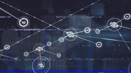 Animation of vhs glitch effect over network of digital icons against screens with data processing - Powered by Adobe