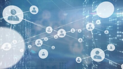 Animation of network of profile icons over screens with mosaic squares against blue background - Powered by Adobe