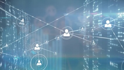 Animation of network of profile icons over screens with mosaic squares against blue background - Powered by Adobe