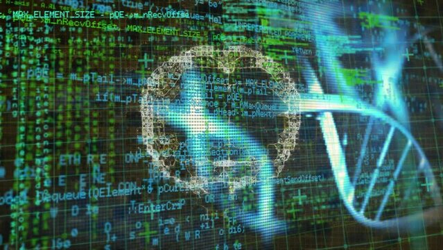 Animation of data processing and spinning dna structure over human brain against black background