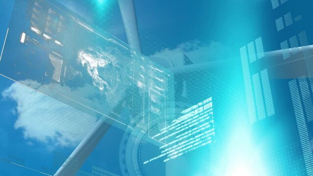 Animation of neon ticking clock and interface with data processing over spinning windmill - Powered by Adobe