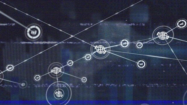 Animation of vhs glitch effect over network of digital icons against screens with data processing - Powered by Adobe