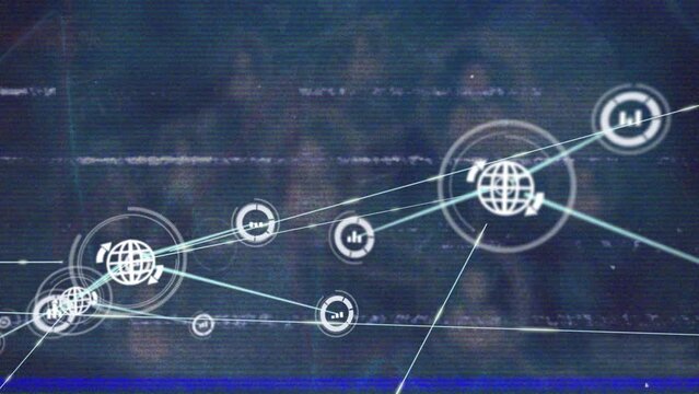 Animation of vhs glitch effect over network of digital icons and data processing on blue background - Powered by Adobe