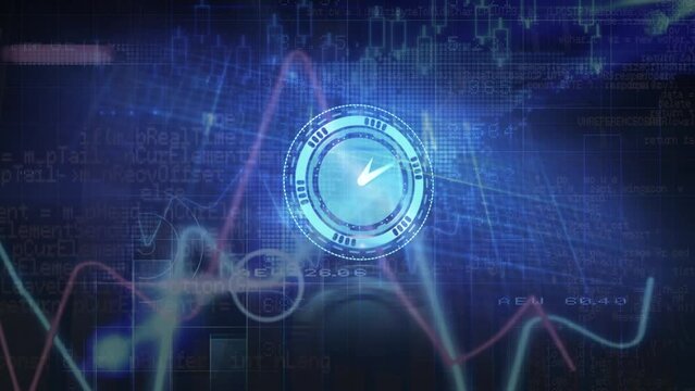 Animation of neon ticking clock and data processing against blue background