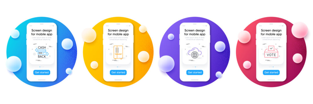 Minimal Set Of Refrigerator, Cashback Card And Cloud Computing Line Icons For Web Development. Phone Ui Interface Mockup With Balls. Vote Box Icons. Vector